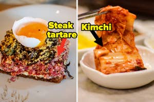 A plate of steak tartare topped with an egg and a bowl of kimchi.