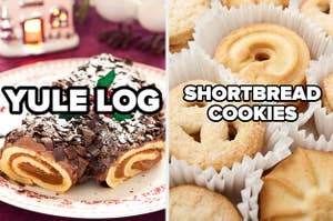 Side-by-side labeled images of a yule log and shortbread cookies