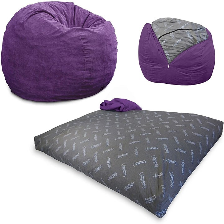 the bean bag in purple as a bean bag, then shown unzipped, and shown folded out into a square mattress 