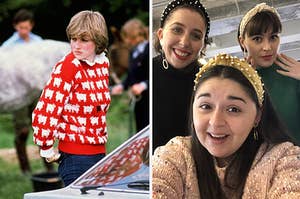 to the left: princess diana in a red sheep sweater, to the right: three buzzfeed writers in pearled headbands