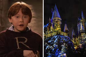 Ron is on the left opening a gift with the Hogwarts castle on the right