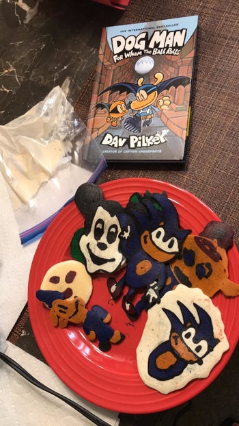colorful pancakes characters shaped like sonic, mickey, and dog man