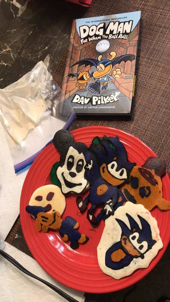colorful pancakes characters shaped like sonic, mickey, and dog man 