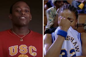 Quincy is on the left crying with Monica on the right holding her jersey