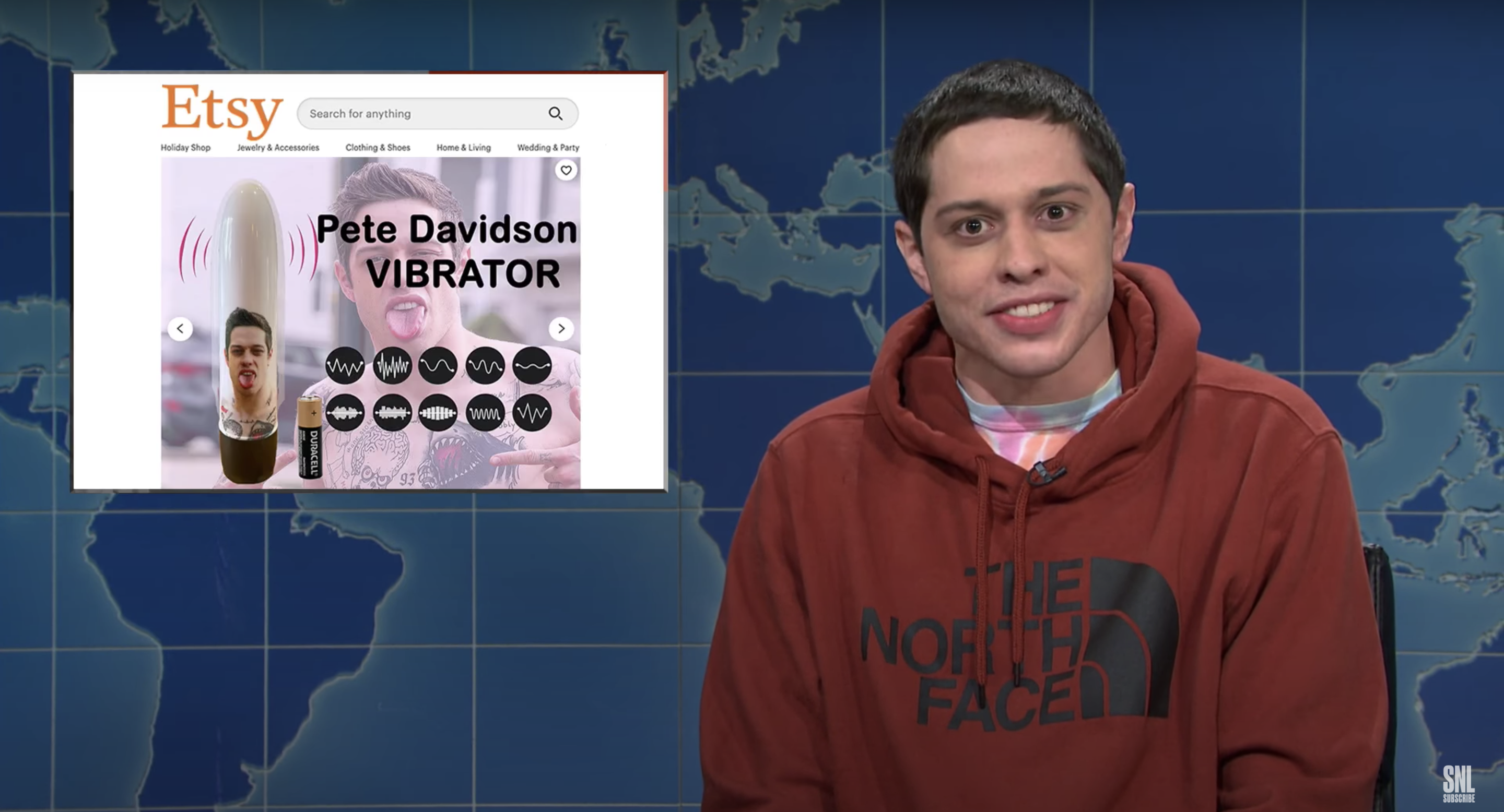 Pete Davidson wearing a hoodie on The Weekend update