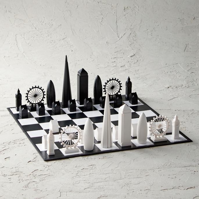 chess set with buildings from london