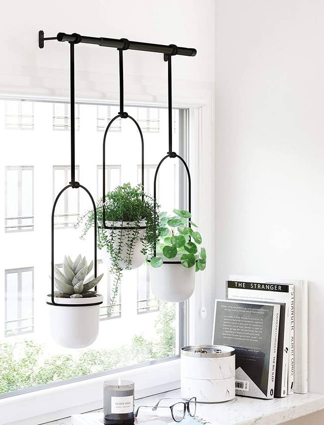 three white planters held up by a black bar 