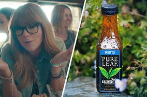 Taylor Swift is on the left shrugging with a bottle of Pure Leaf Sweet Tea on the right