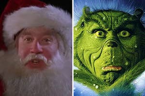Santa is riding a sled on the left with The Grinch zoomed in on the left