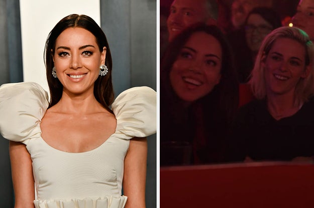Aubrey Plaza on the red carpet next to a screenshot of her and Kristen Steward in 