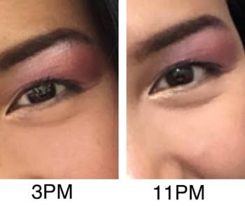 a reviewer showing how their eyeshadow stayed in place from 3pm to 11pm