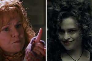 Molly Weasley is pointing her finger at Bellatrix on the right