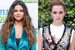 Selena Gomez is posing at an event with Emma Watson posing on the right