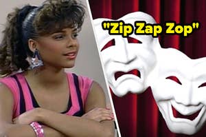 Lisa from "Saved by the Bell" is on the left with theater masks labeled, "Zip Zap Zop"