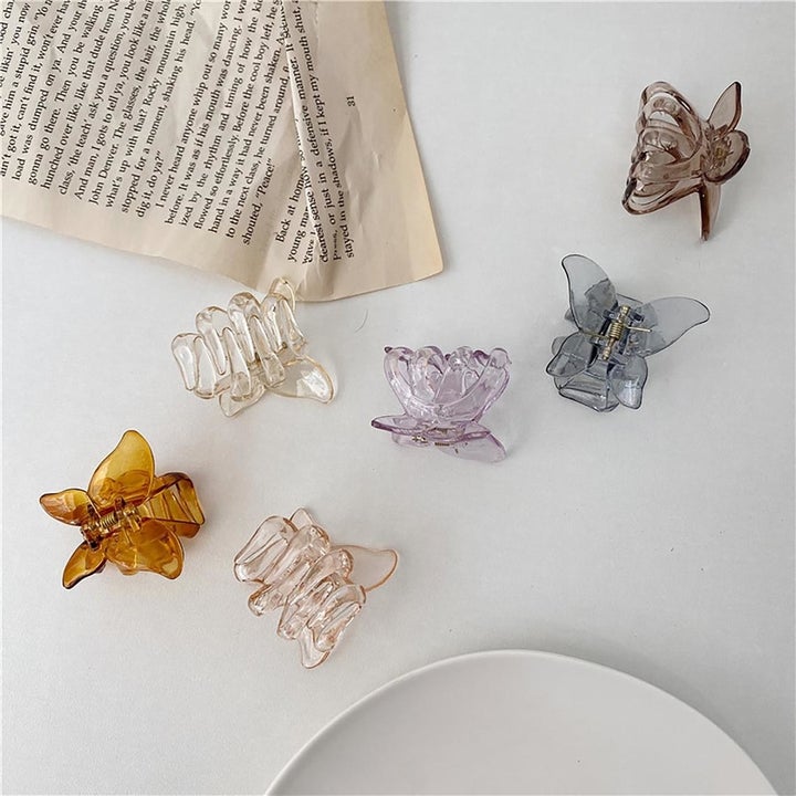 the transparent butterfly clips in various subdued colors like brown, lavender, and dusty blue 