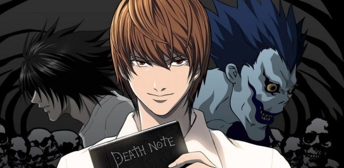 Light Yagami holding the Death Note; behind him are L and Ryuk 