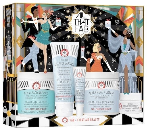 A container of facial radiance pads, face cleanser, lip therapy, ultra repair cream, and eye cream in a funky box