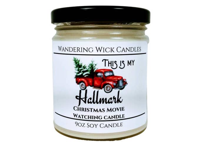 a candle with a red pickup truck on it and the words &quot;this is my hallmark christmas movie watching candle&quot;