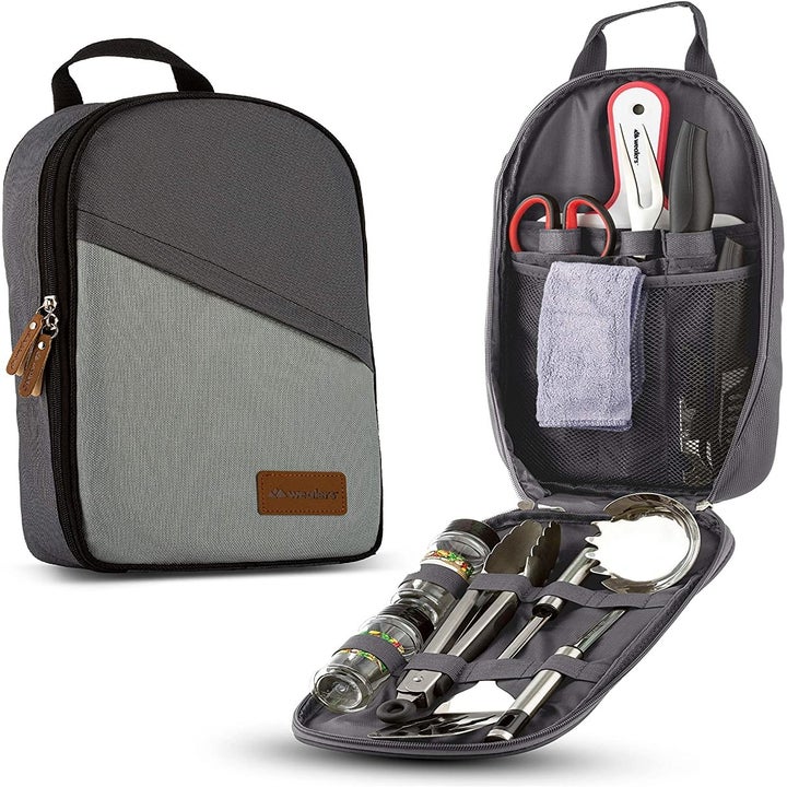 Grey pack closed and opened to show all the utensils inside