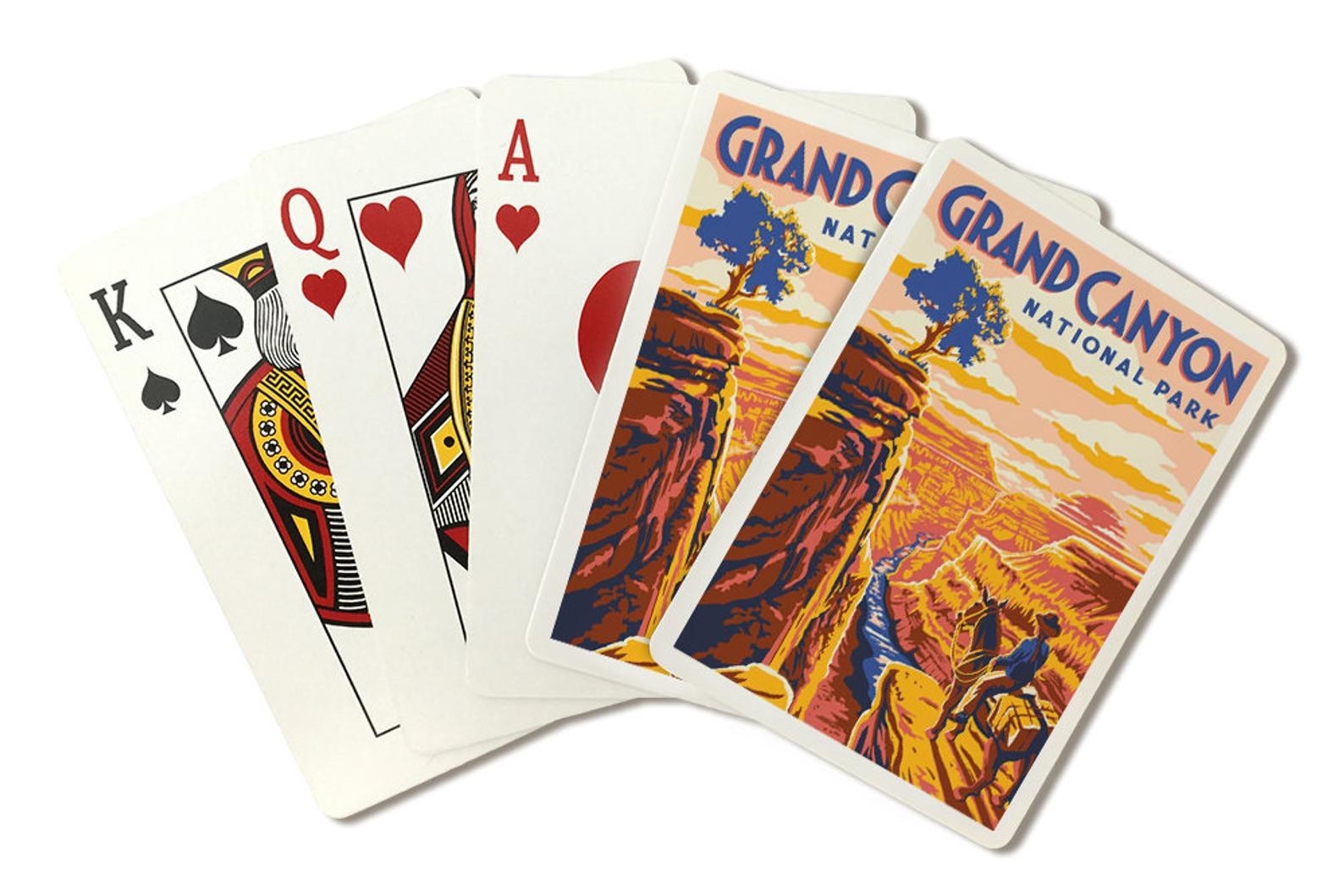 The pack of playing cards with one card showing an illustrated image of the Grand Canyon National Park