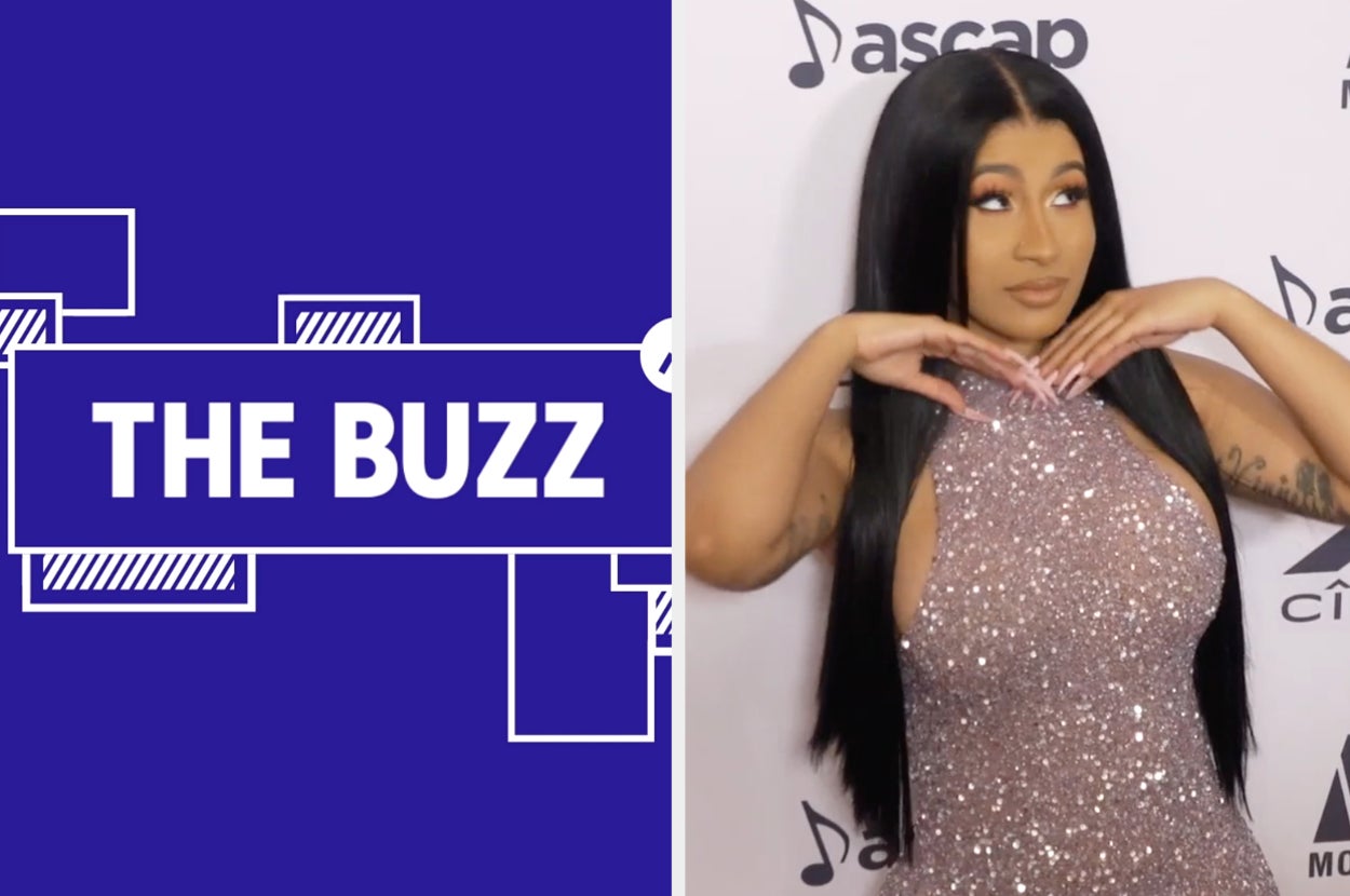 Splitscreen of purple graphic with THE BUZZ in white letters on the right side and photo of Cardi B in a sparkly dress on the left side (CREDIT: GETTY)