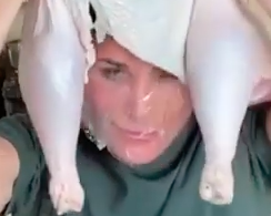 A closeup of courtneys head in plastic bag