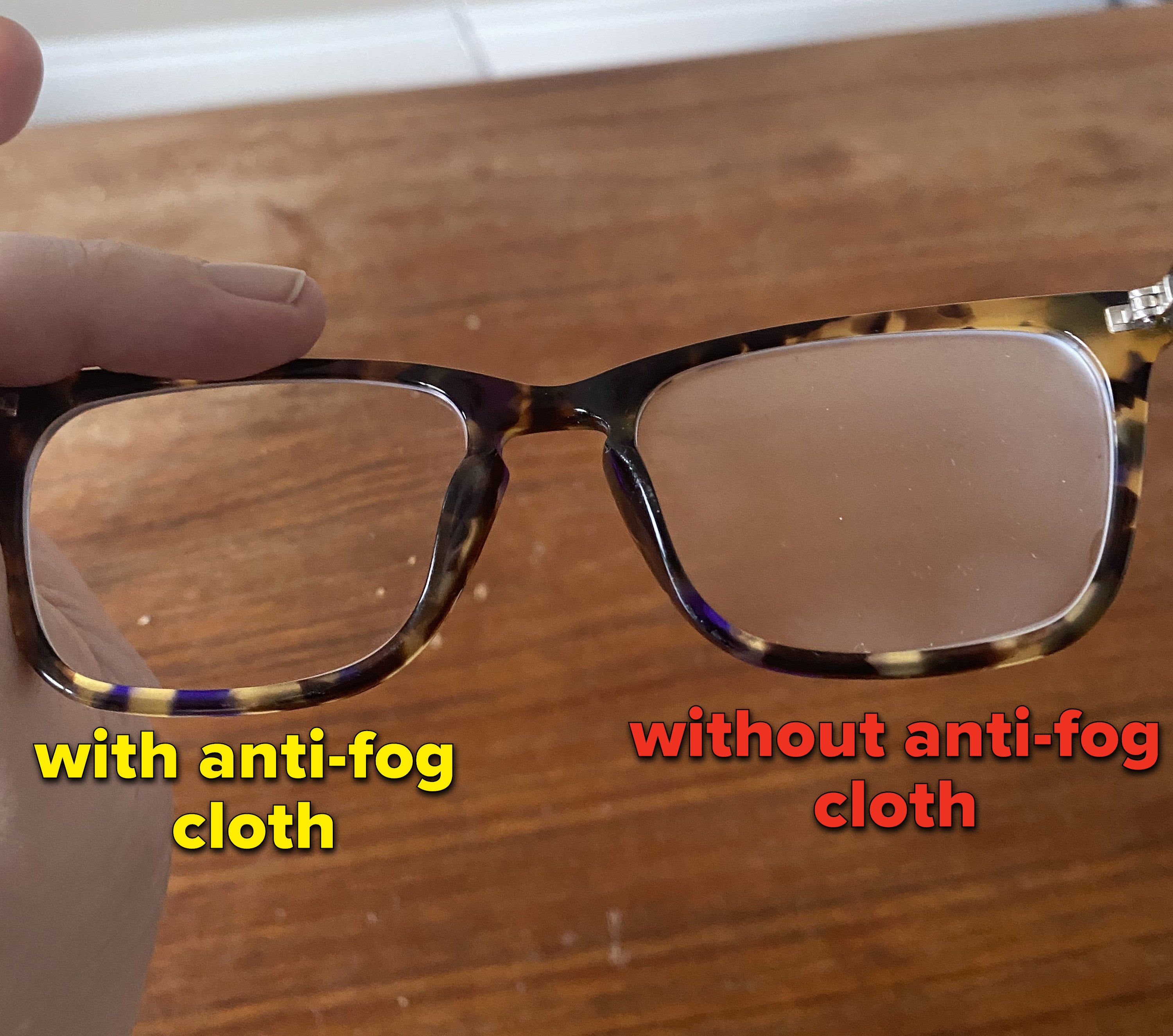 The anti-fog cloth only used on one of the lenses of Kat&#x27;s glasses, and the lens it was not used on is fogged up while the one is is used on is totally clear