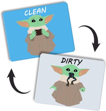 A reversible magnet - one side is Baby Yoda holding a mug and says 