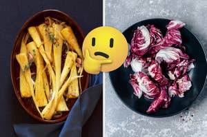 A bowl of parsnips are on the left with a think face emoji in the center and red cabbage on the right