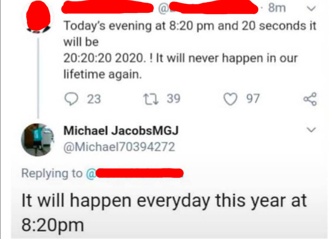 twitter post of someone thinking that 20:20:20:2020 is a unique time when it happens every day this year