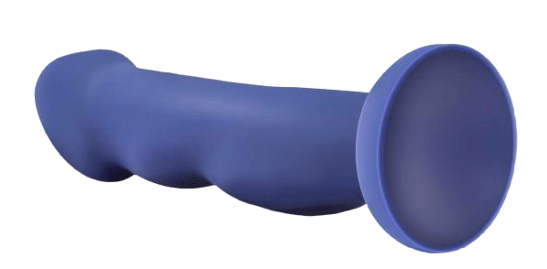 Blue dildo with curved ribbing on the side