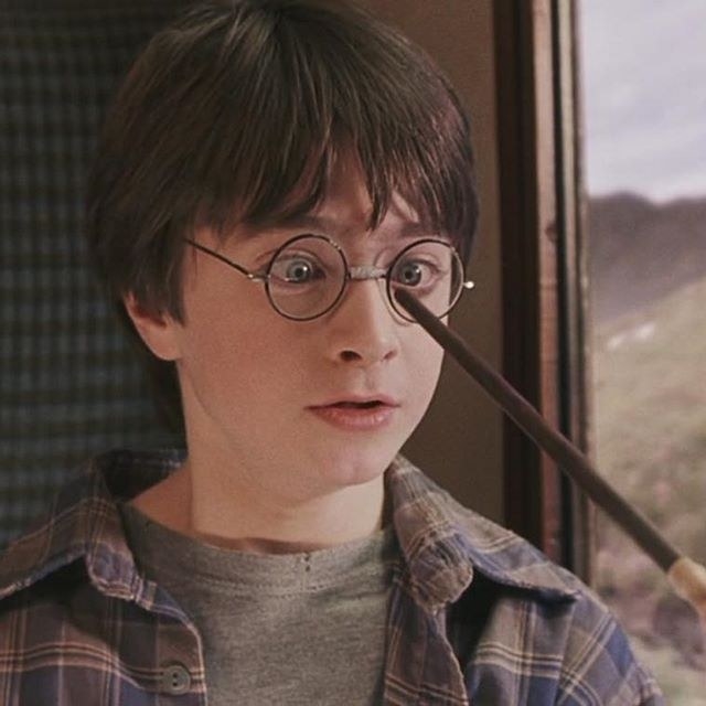 Hermione pointing her wand at Harry&#x27;s glasses and he looks frightened 