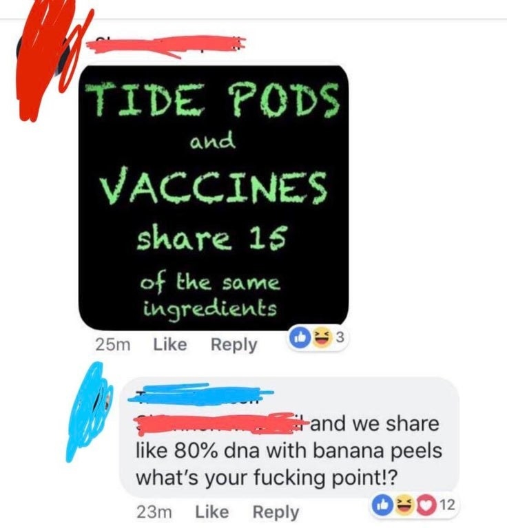facebook post of someone saying tide pods and vaccines share 15 of the same ingredients
