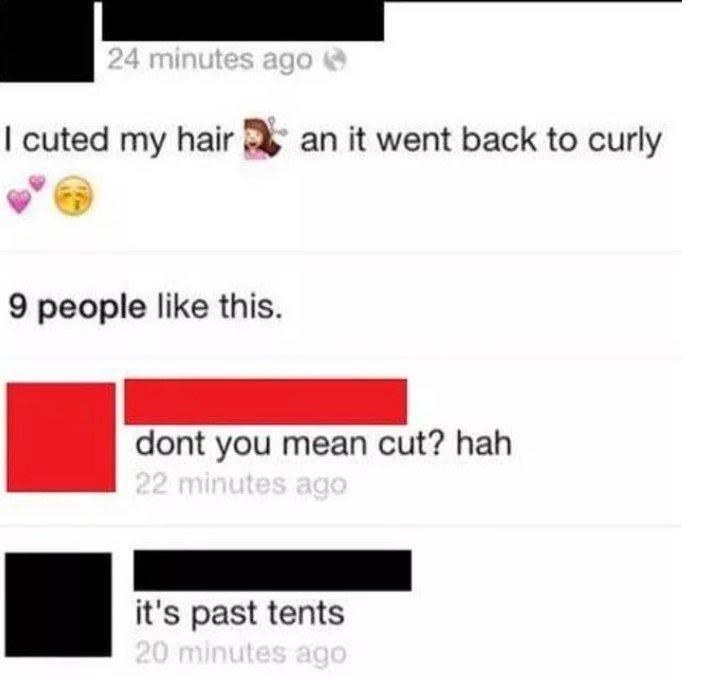 Facebook post reading &quot;i cuted my hair an it went back to curly&quot;