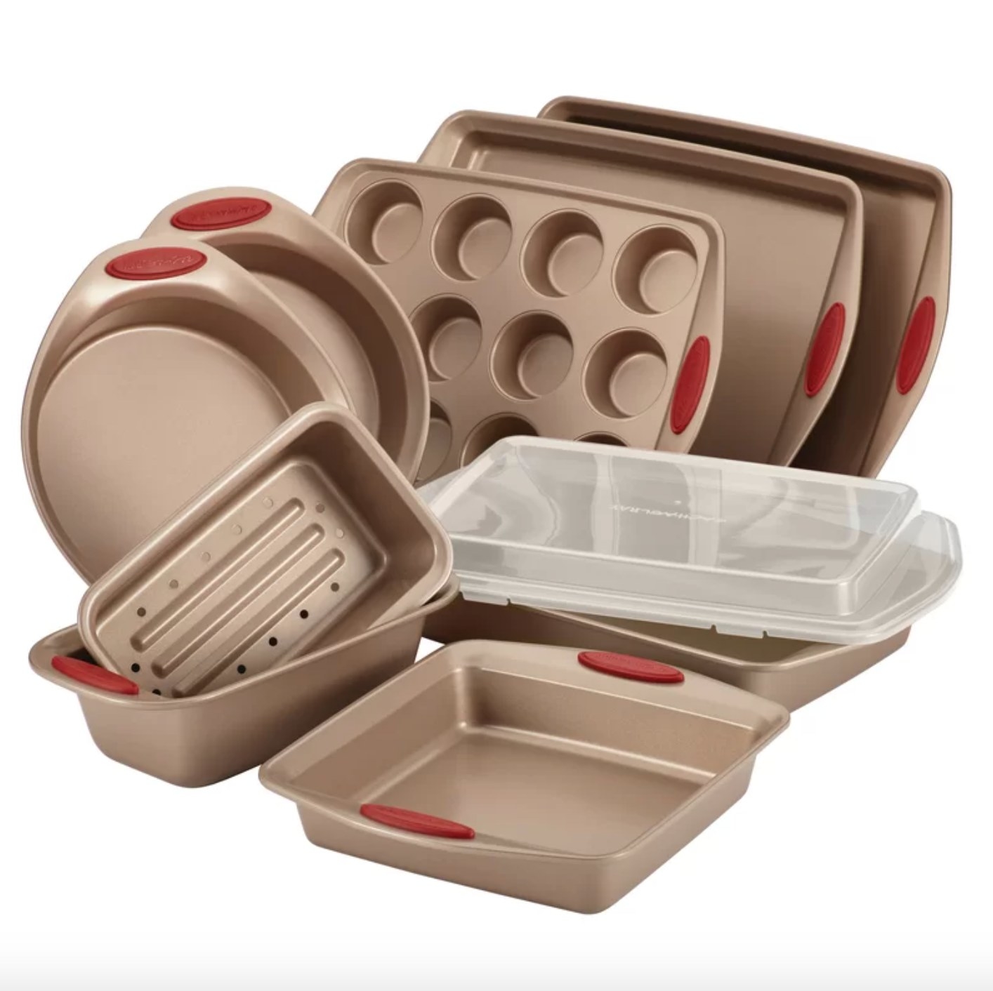 The Rachael Ray bakeware set in brass and red
