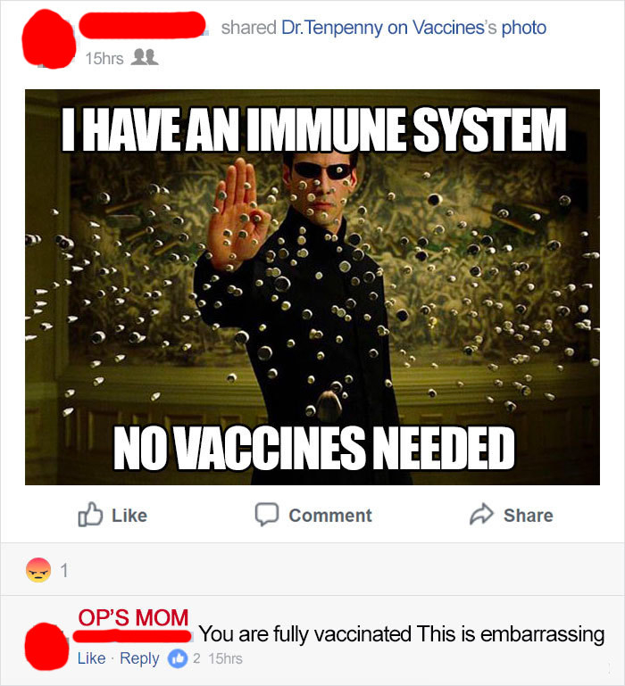 facebook post of someone being antivax and getting called out by their mom because they have every vaccine