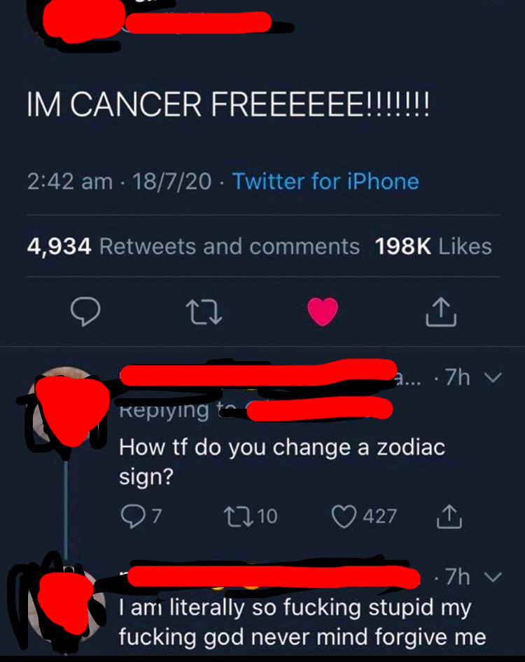twitter post of someone confusing cancer for the astrological sign