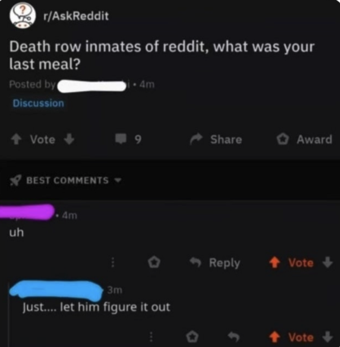 reddit post of someone asking what death row inmates of reddit ate for their last meal