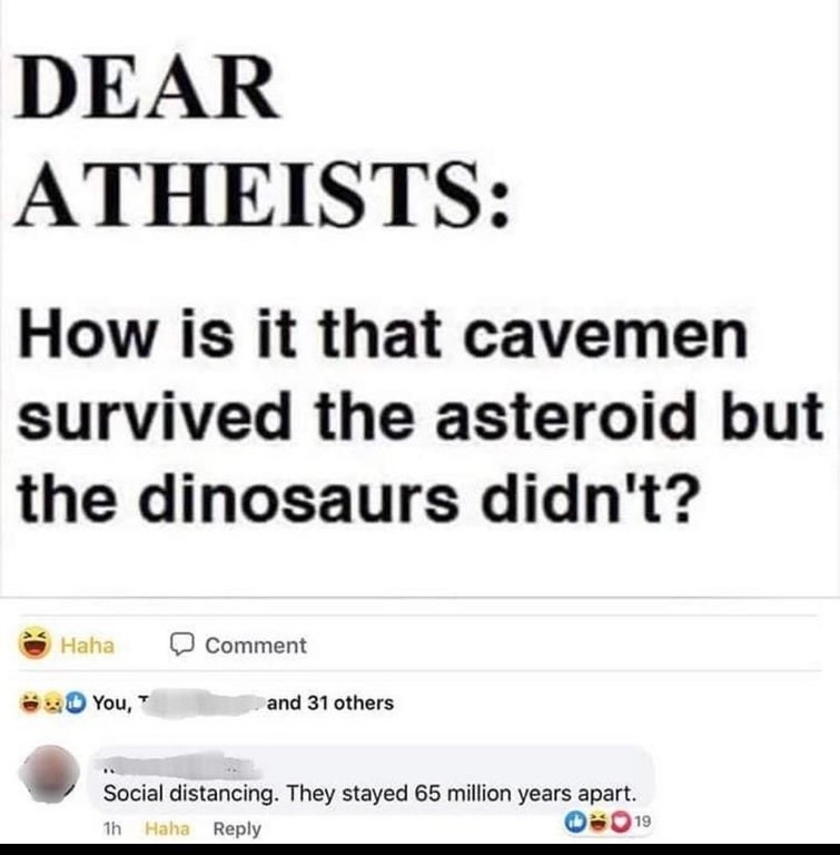 Facebook post reading how is it that cavemen survived the asteroid but the dinosaurs didn&#x27;t
