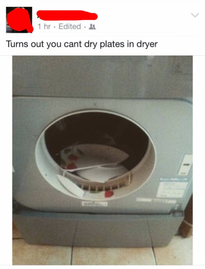 facebook post of someone who dried to clean plates in a dryer