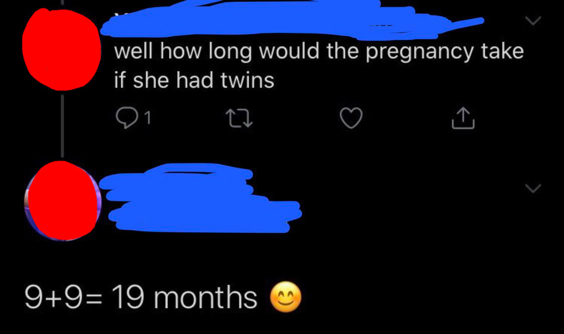 twitter post reading well how long would the pregnancy take if she had twins and someone answers 9 + 9 equals 19 months