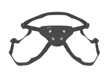 Black strap=-on harness with two different-sized o-rings for flare-based dildos