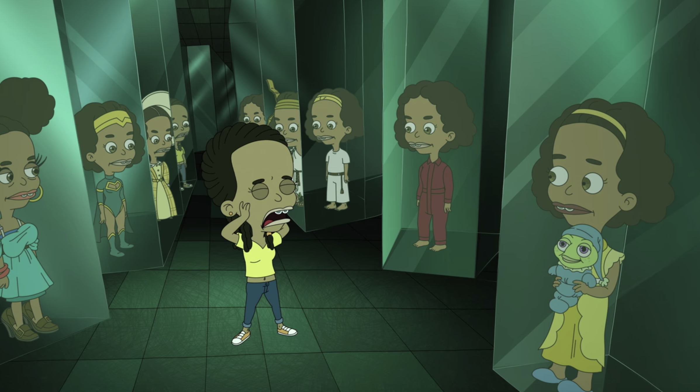 Missy screaming as she&#x27;s surrounded by eight different reflections of her staring back, all of the reflections are wearing different outfits and are meant to be different versions of herself.