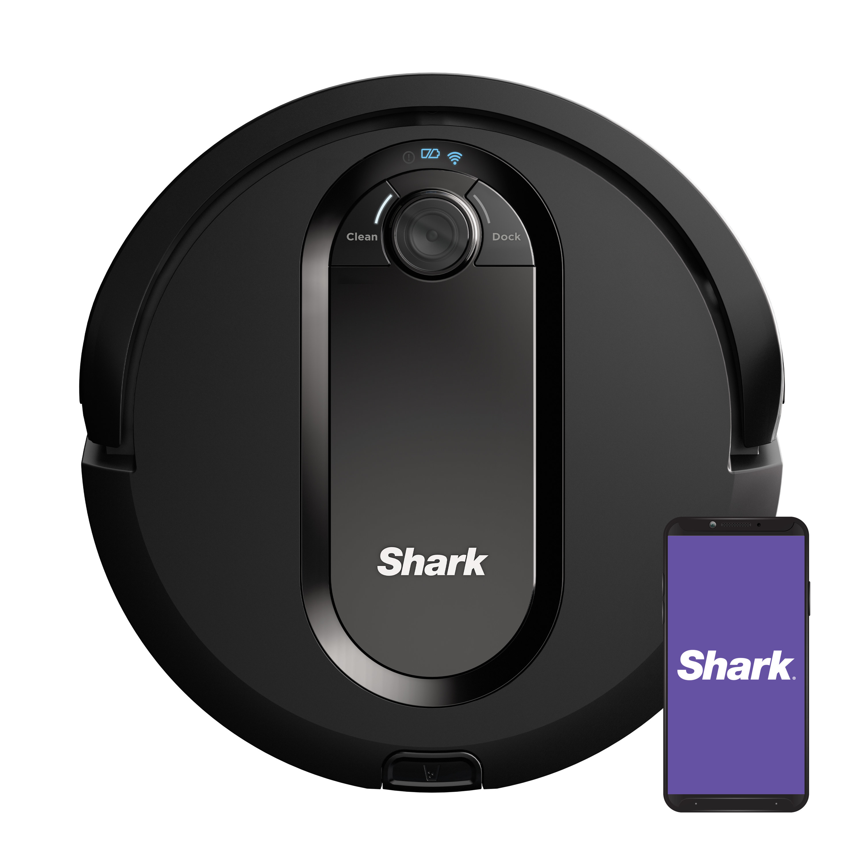 The black robot vacuum and a phone showing the app
