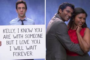 Ryan holding a sign that says "kelly, I know you are with someone but I love you I will wait forever" and Kelly posing with her boyfriend for a photoshoot