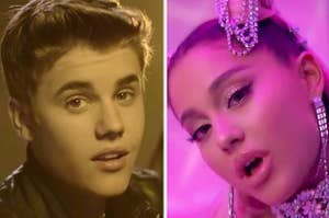 Justin Bieber is singing on the left with Ariana Grande on the right