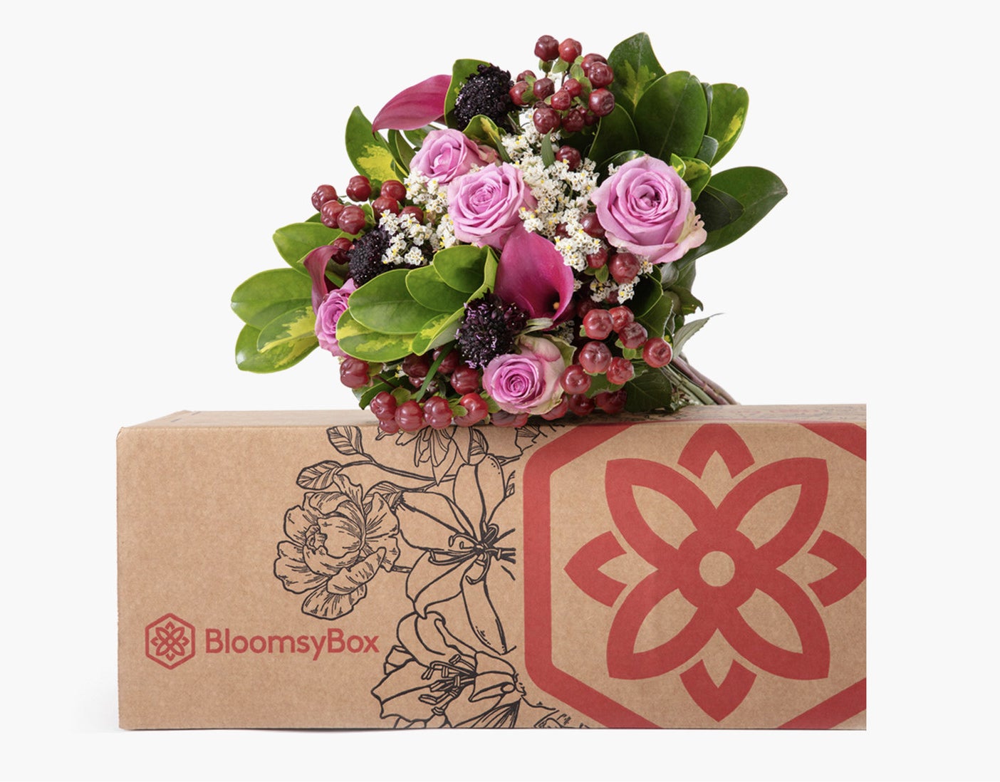 pink bouquet on top of a bloomsy box cardboard box