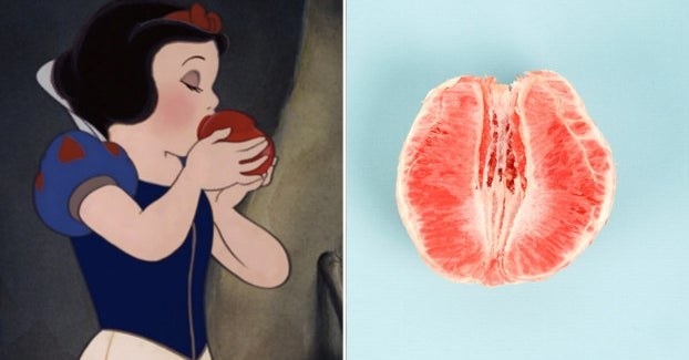 从迪士尼白雪公主吃了一个苹果。她旁边是一个柚子,减半