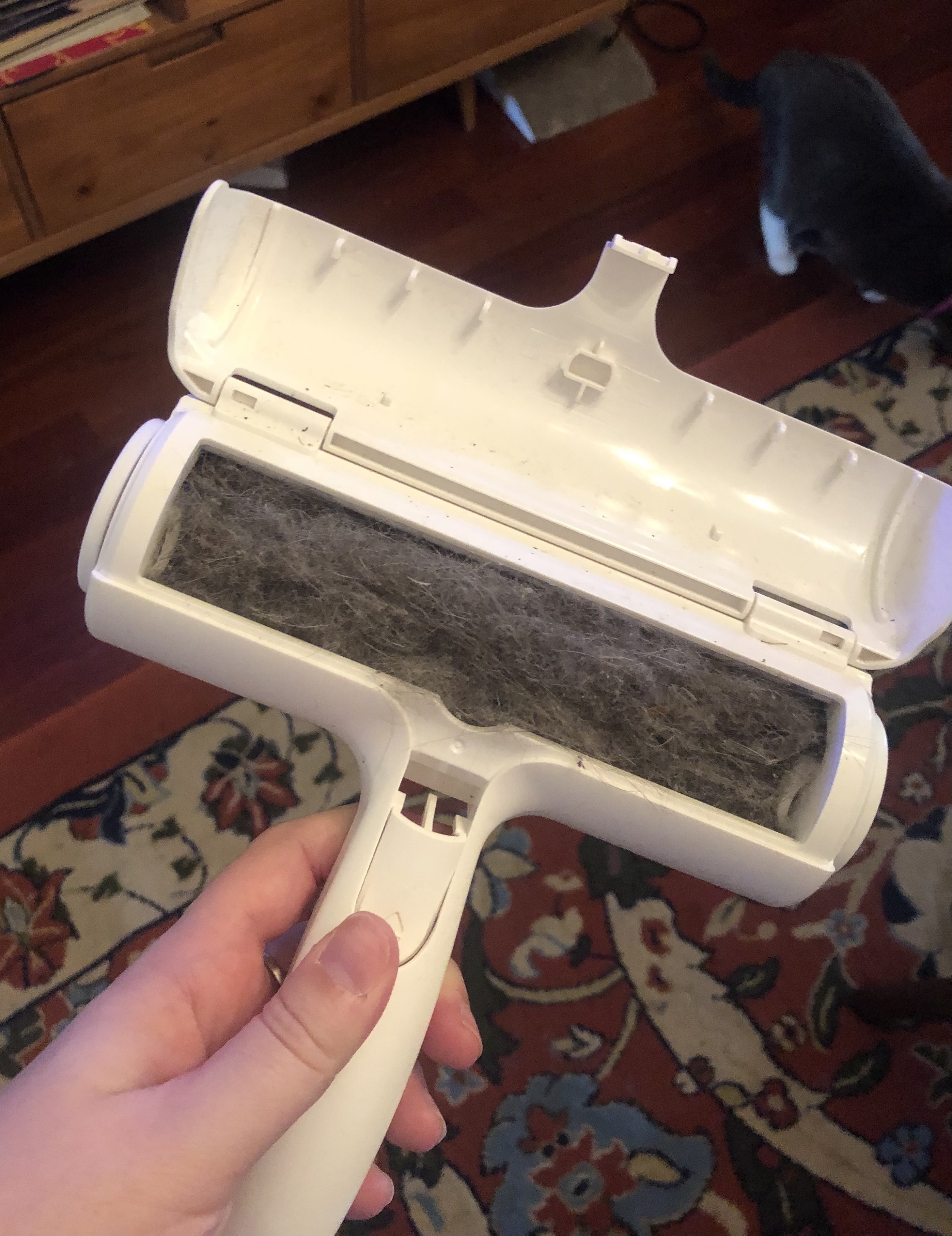 A BuzzFeed editor&#x27;s photo of her Chom Chom roller full of cat hair
