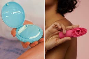 On the left, model holds blue Bellesa discreet vibrator in a clam-shell case. On the right, model holds pink Bellesa Finger Pro in hand